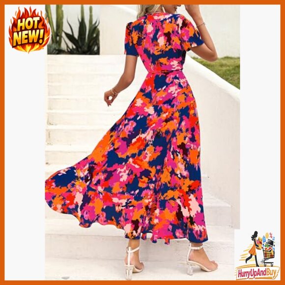 Boho Floral Maxi Dress Wrap V Neck Short Sleeve Summer Beach Wedding Guest - Picture 2 of 7